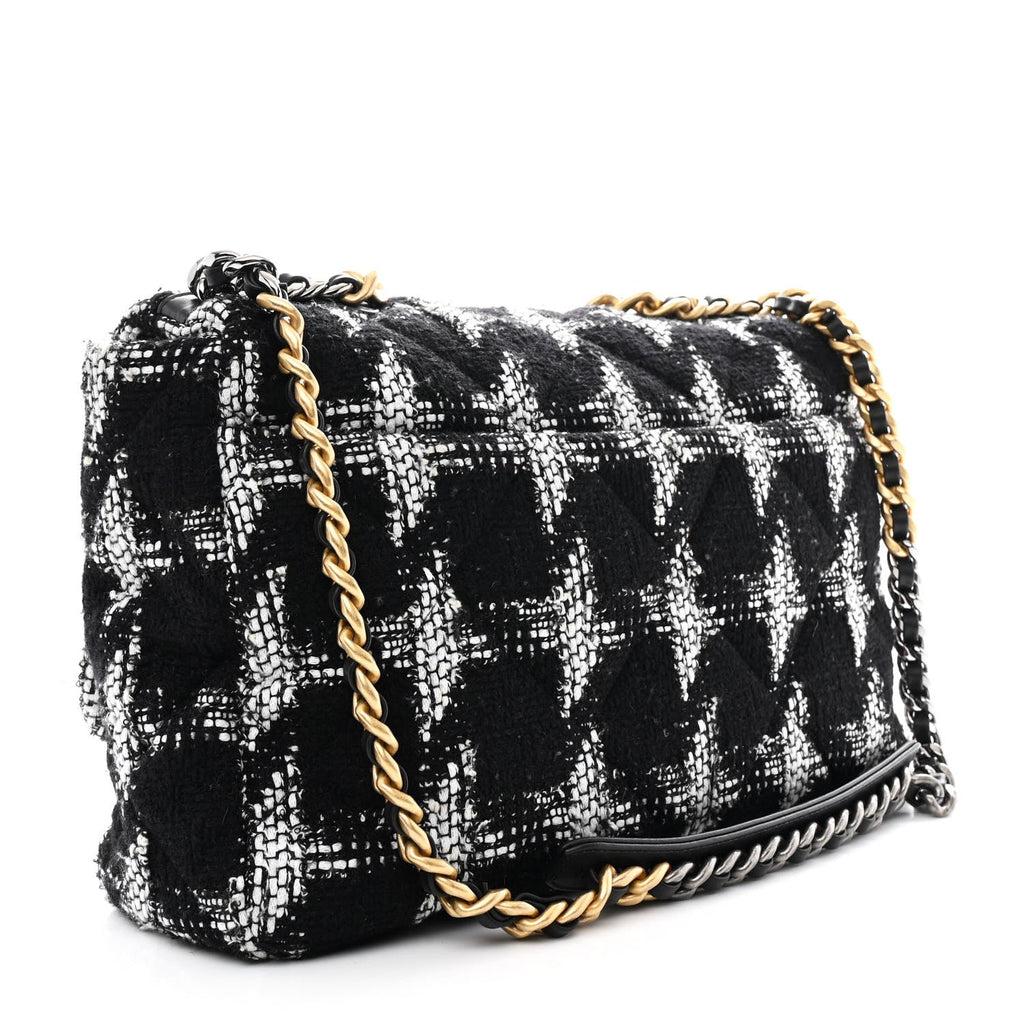 Chanel Tweed Quilted Maxi Chanel 19 Flap Black White