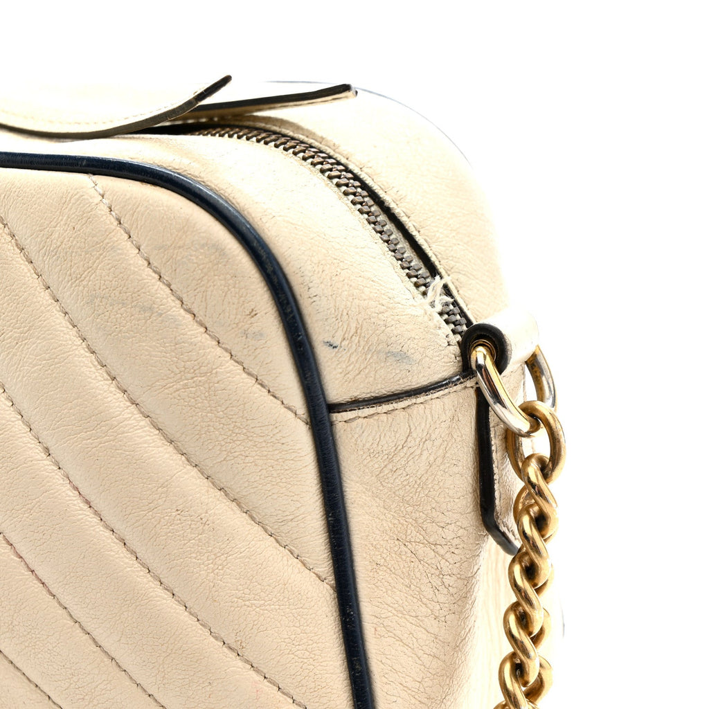Gucci Vintage Effect Calfskin Matelasse Diagonal Small Torchon GG Marmont Chain Shoulder Bag Mystic White Blue Agata