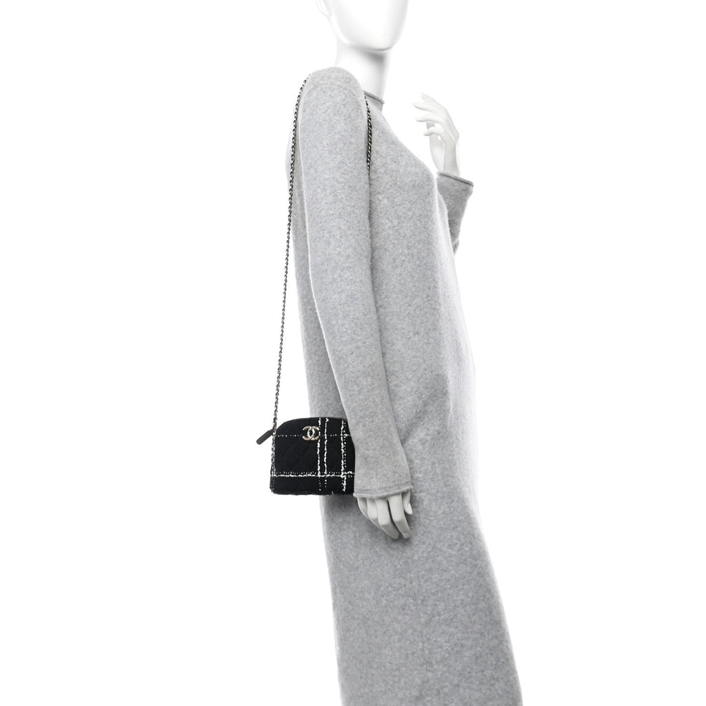 Chanel Tweed Quilted Mini Clutch With Chain Black White
