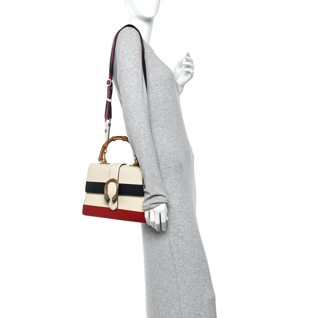 Gucci Calfskin Bamboo Web Medium Dionysus Top Handle Bag White Blue Hibiscus Red