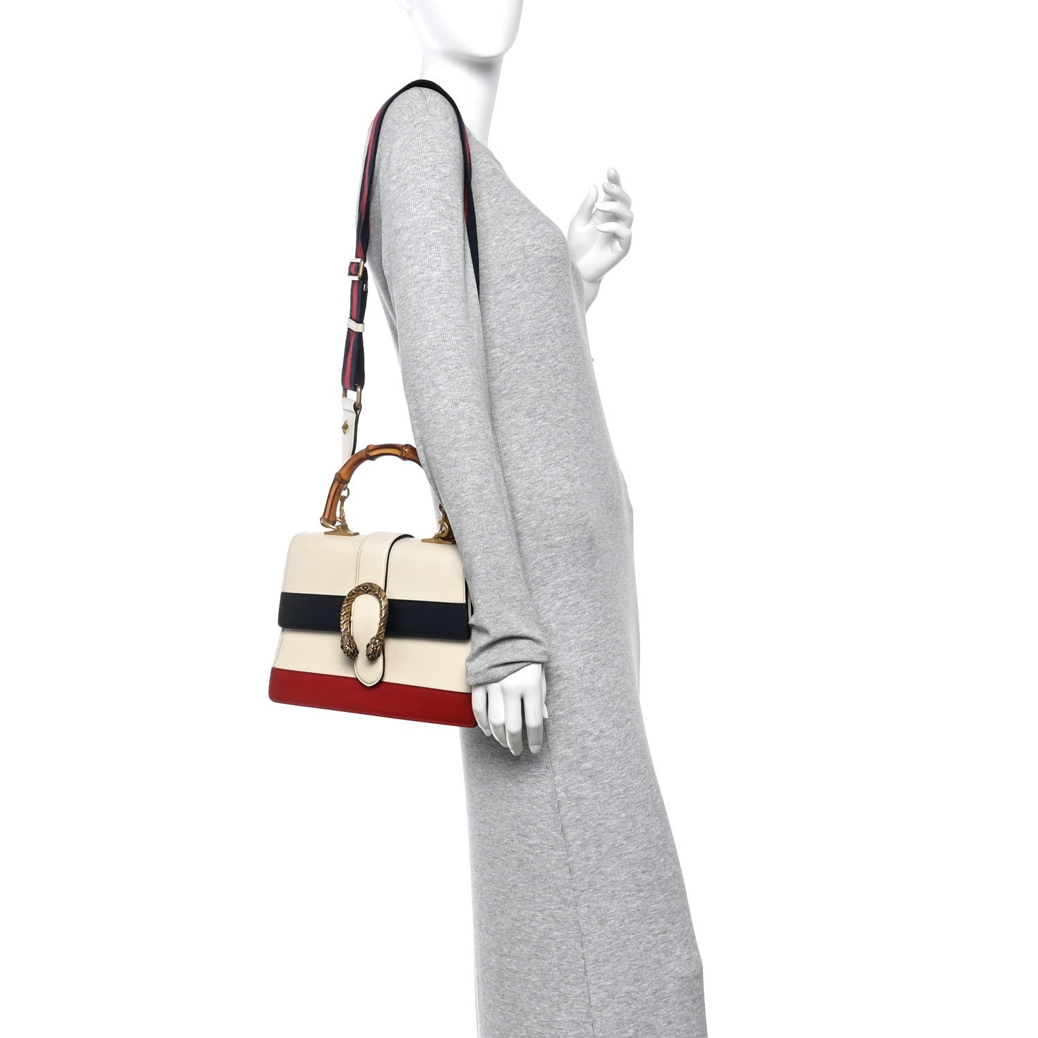 Gucci Calfskin Bamboo Web Medium Dionysus Top Handle Bag White Blue Hibiscus Red