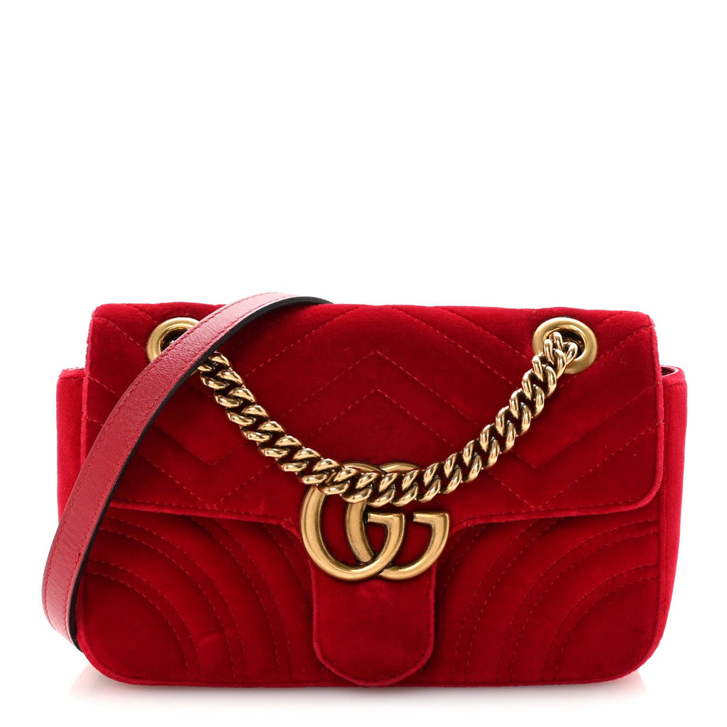 Gucci Velvet Matelasse Mini GG Marmont Shoulder Bag Hibiscus Red