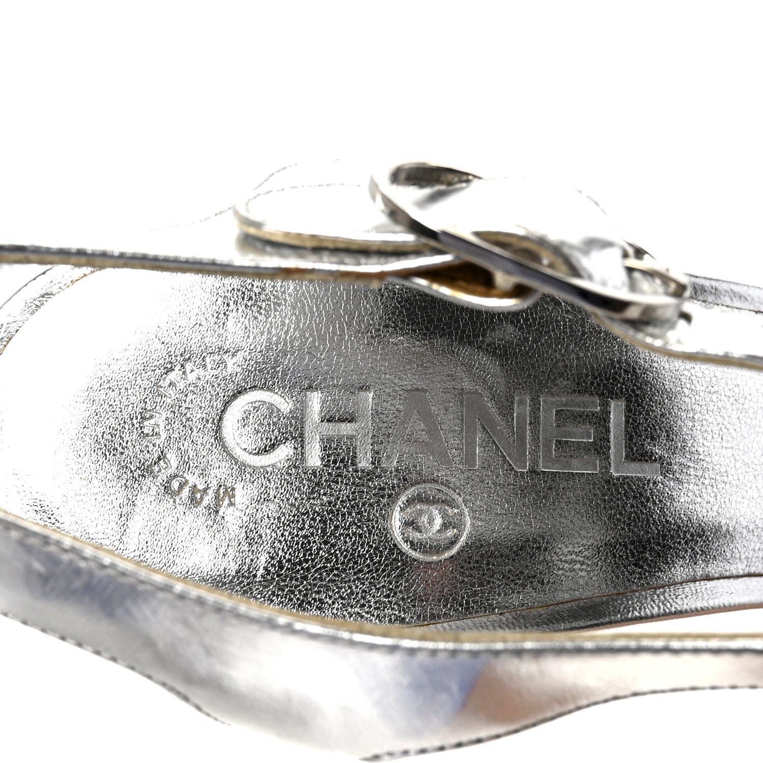 Metallic Laminated Calfskin CC Platform Sandals 40 Silver