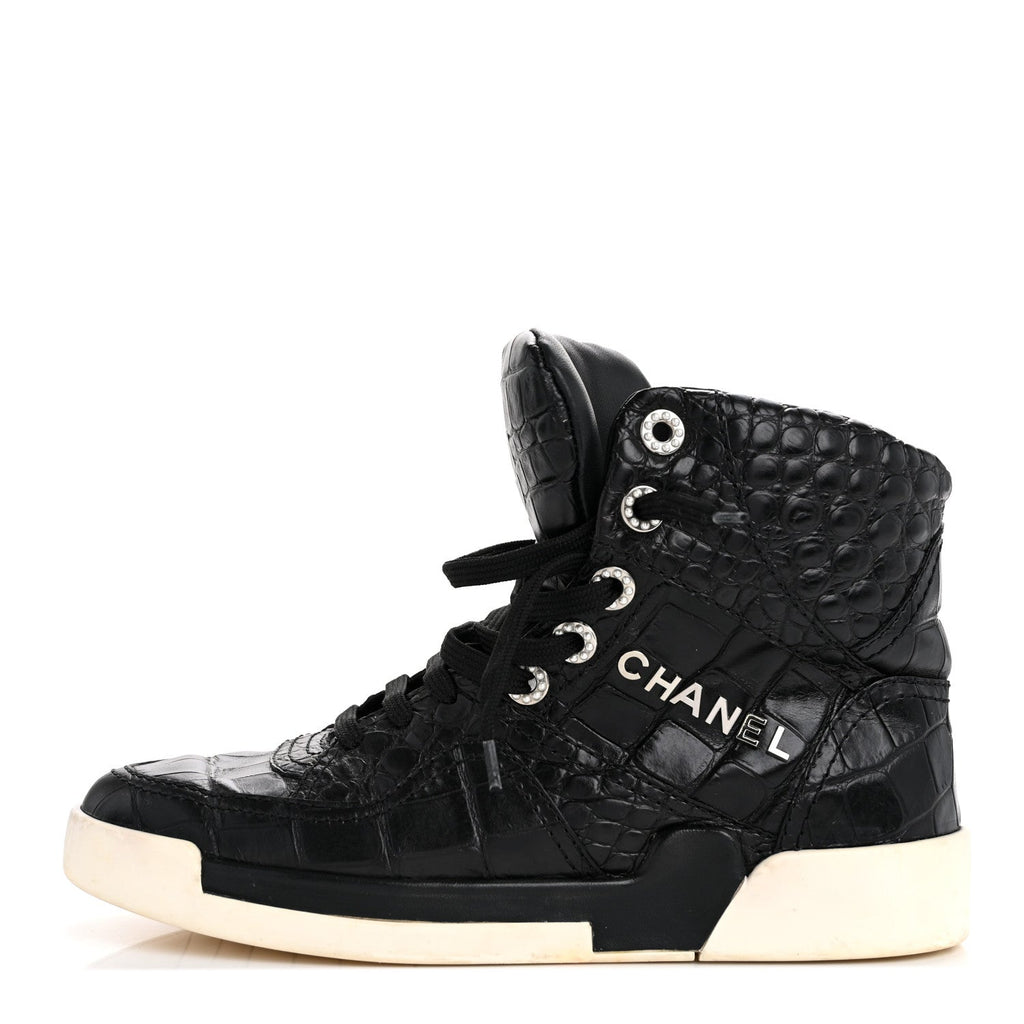 Calfskin Crocodile Embossed Cocodile High Top Sneakers 36.5 Black