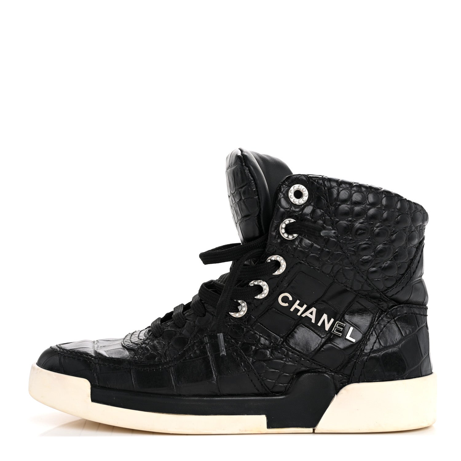 Calfskin Crocodile Embossed Cocodile High Top Sneakers 36.5 Black