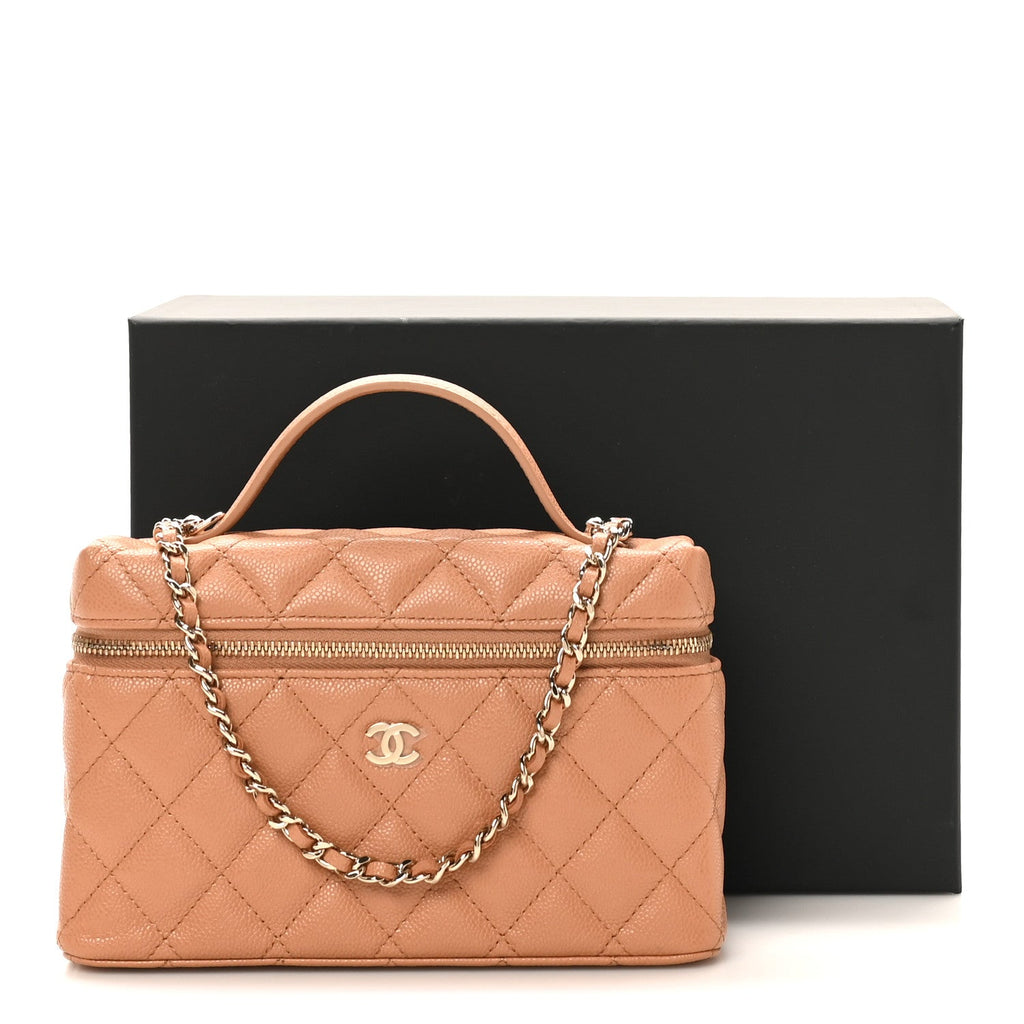 Chanel Caviar Quilted Top Handle Slim Vanity With Chain Brown