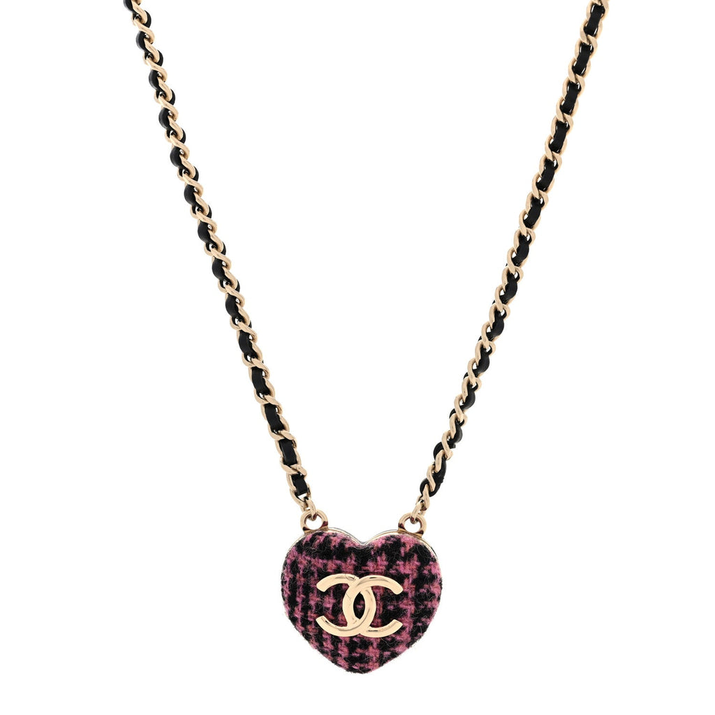 Lambskin Tweed CC Locket Pendant Necklace Black Pink Gold