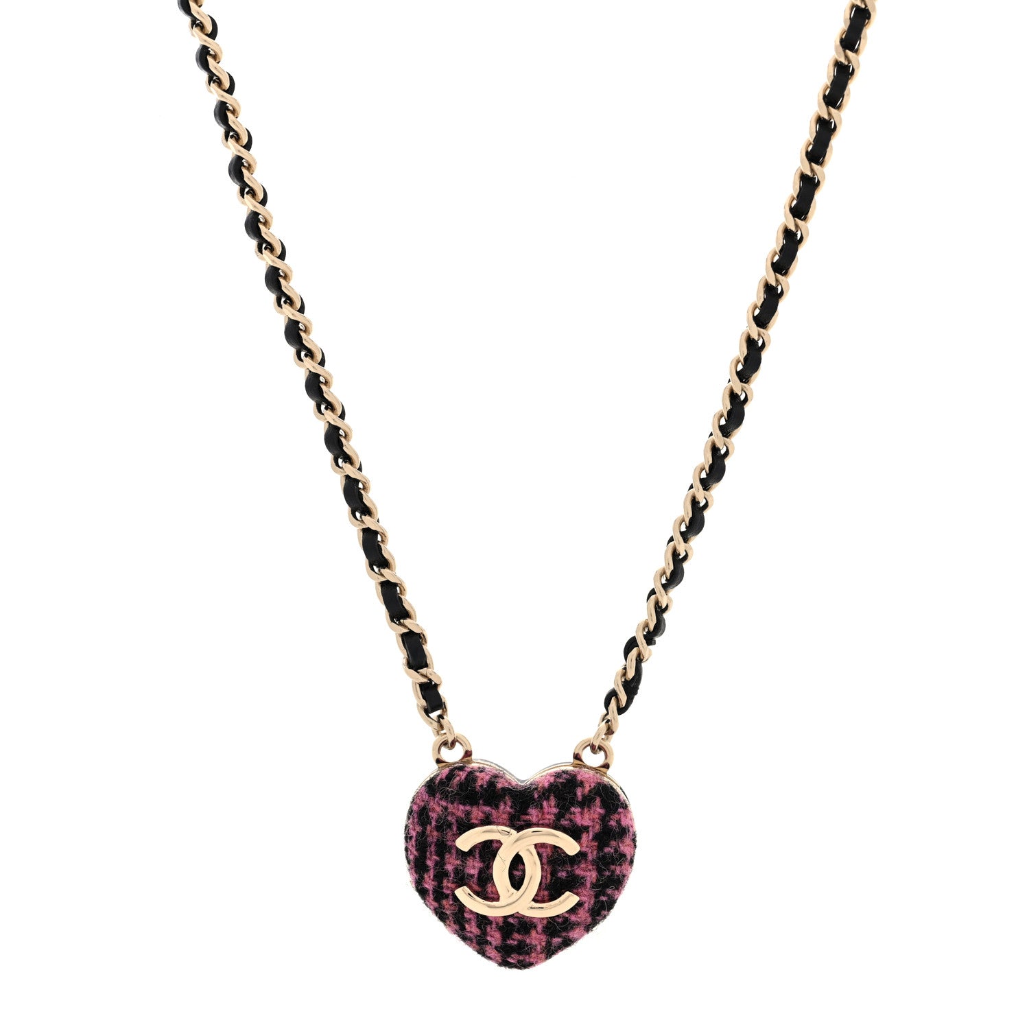 Lambskin Tweed CC Locket Pendant Necklace Black Pink Gold