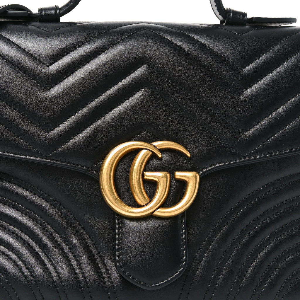 Gucci Calfskin Matelasse Small GG Marmont Top Handle Shoulder Bag Black