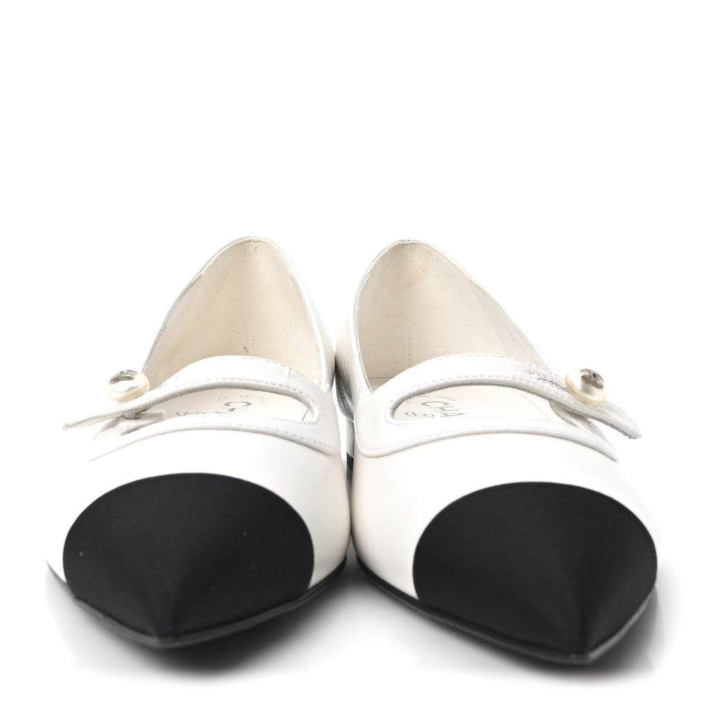 Chanel Shiny Lambskin Grosgrain Pearl Mary Janes Flats 37.5 White Black