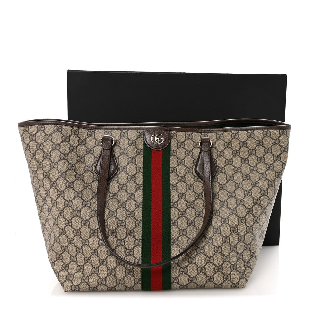 Gucci GG Supreme Monogram Calfskin Web Large Ophidia Tote Beige Dark Brown