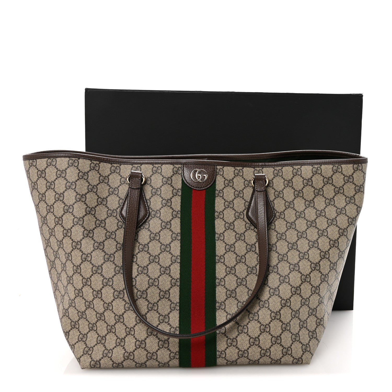 Gucci GG Supreme Monogram Calfskin Web Large Ophidia Tote Beige Dark Brown