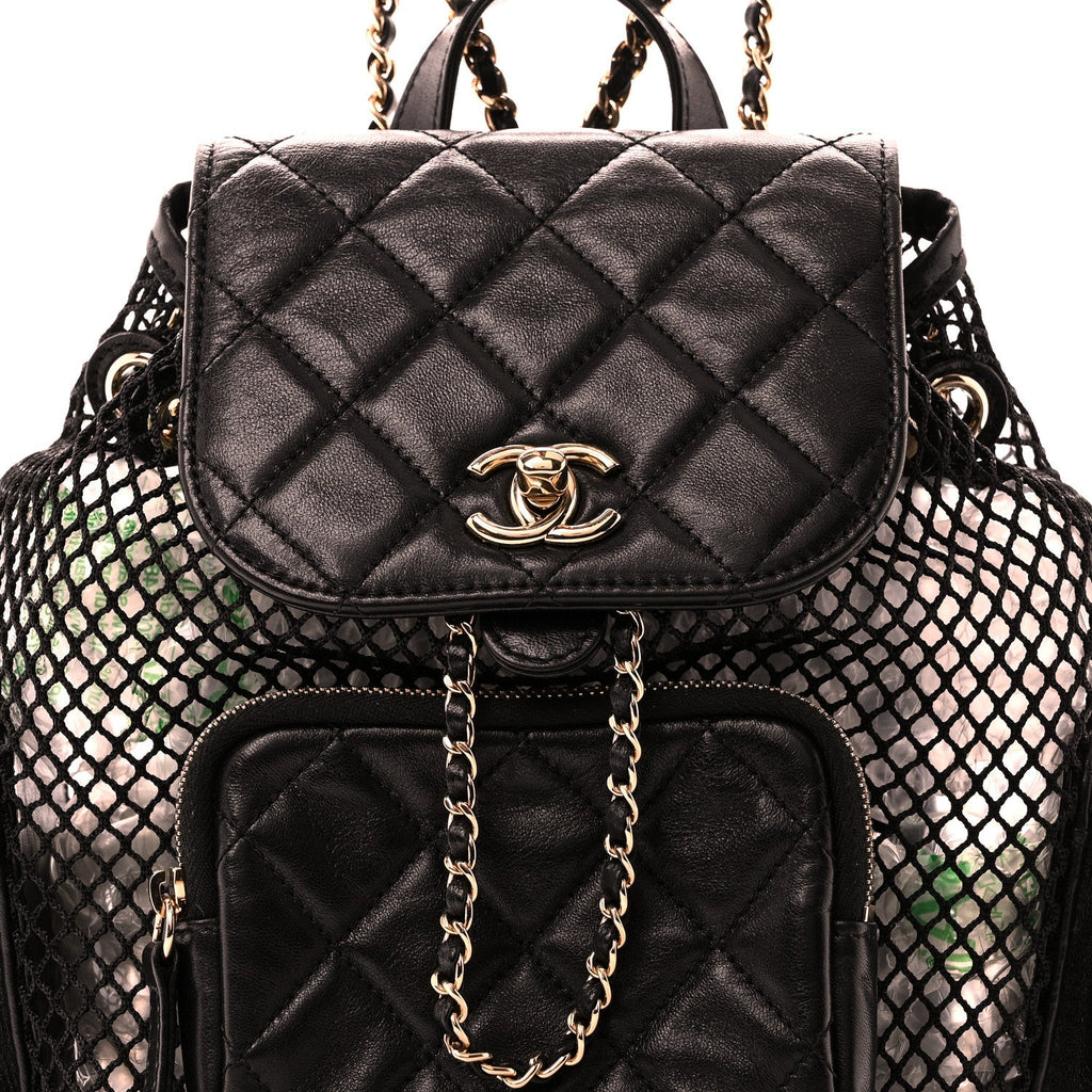 Chanel Shiny Lambskin Mesh Quilted Small Cargo Duma Drawstring Backpack Black