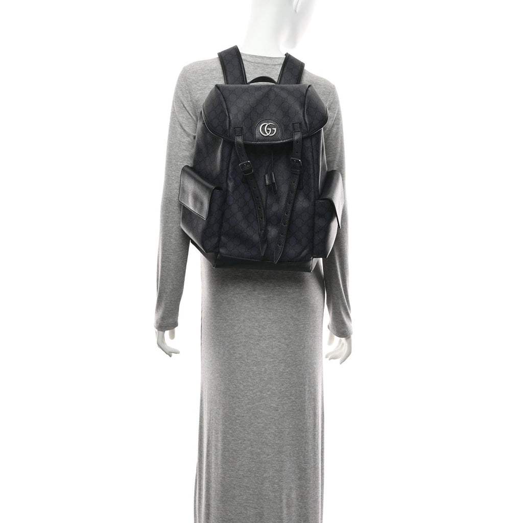 Gucci GG Supreme Monogram Textured Dollar Calfskin Medium Ophidia Double Buckle Backpack Blue Dark Blue Black