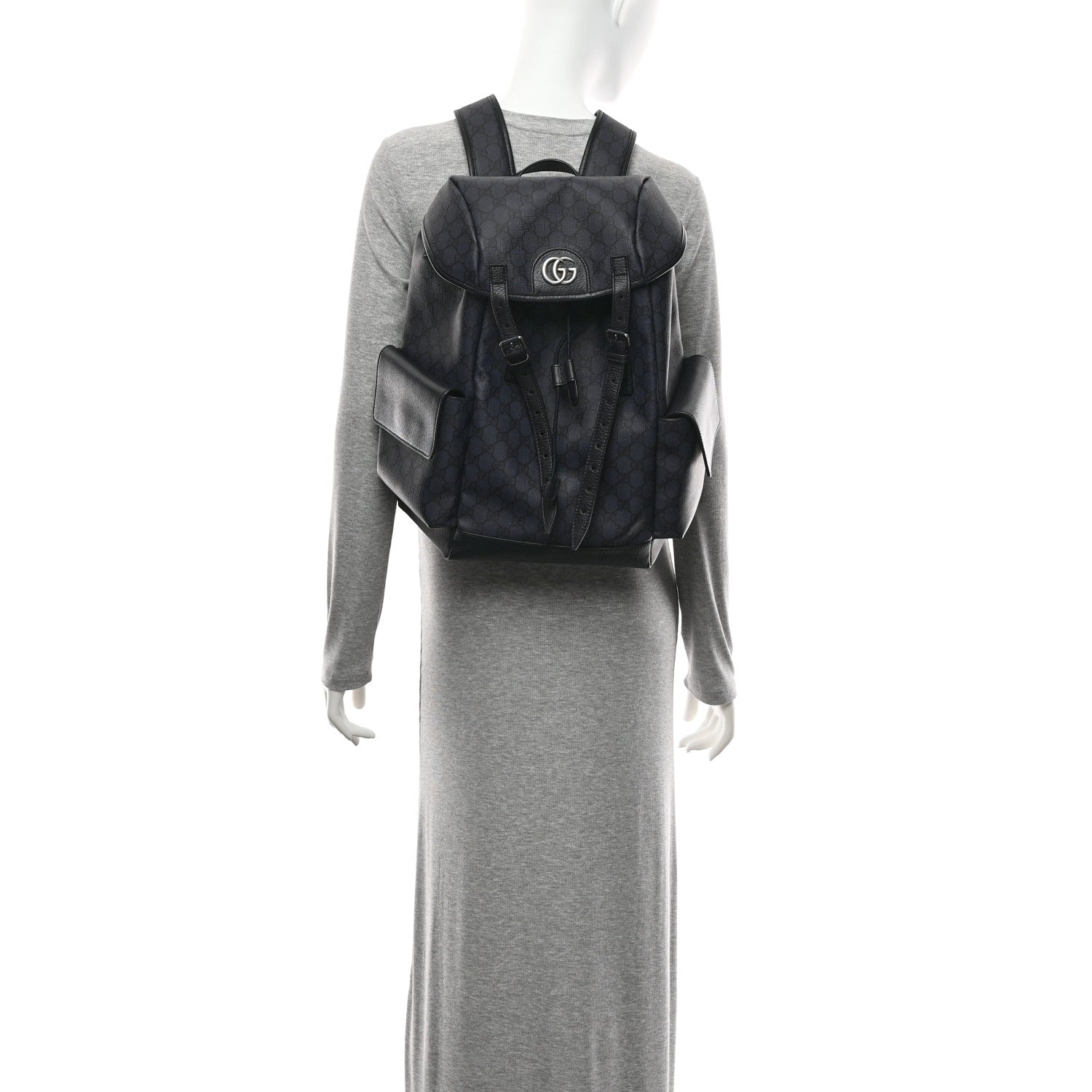 Gucci GG Supreme Monogram Textured Dollar Calfskin Medium Ophidia Double Buckle Backpack Blue Dark Blue Black