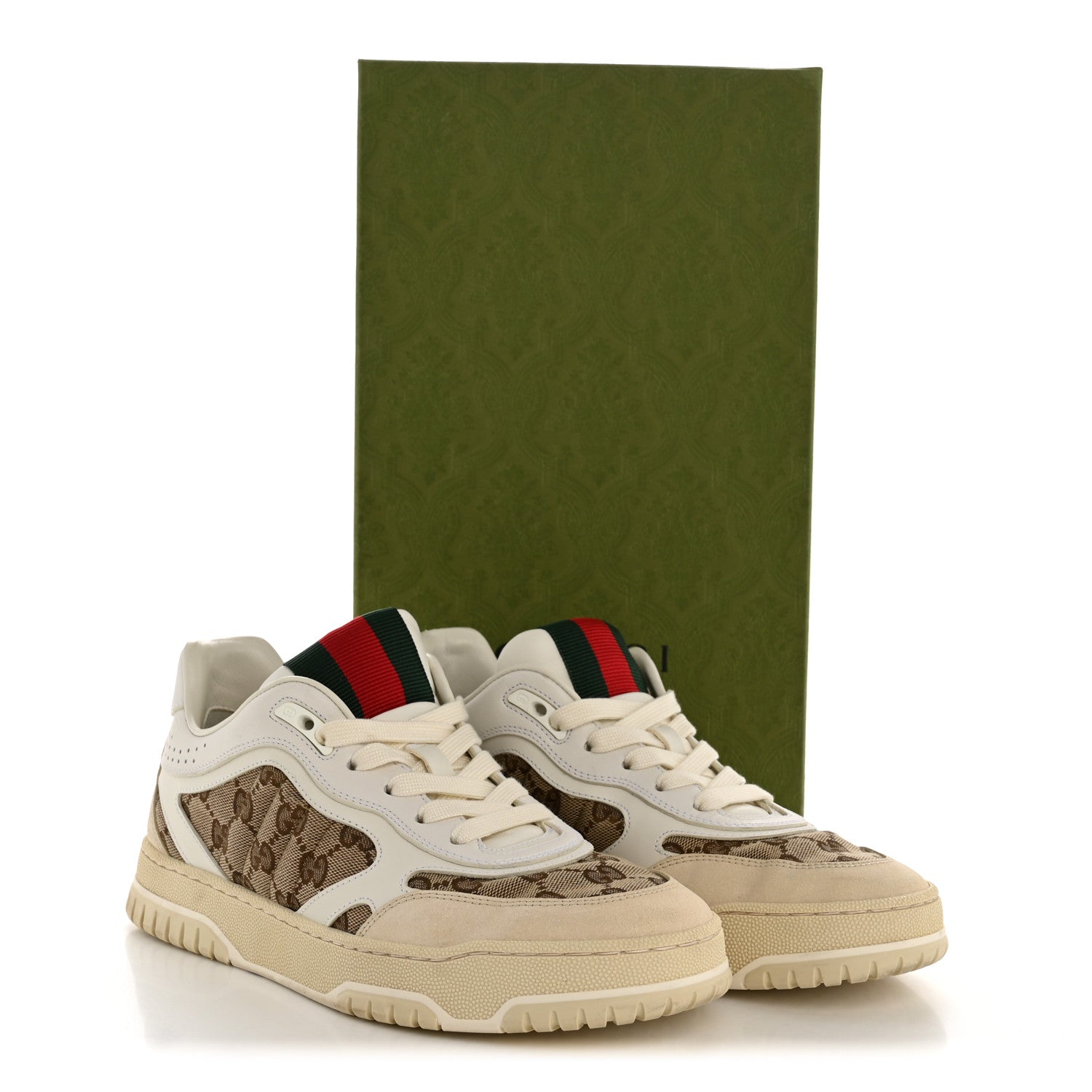 Gucci Calfskin GG Monogram Re-Web Womens Sneakers 39 White Beige Ebony