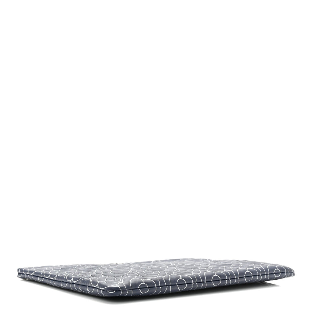Lambskin Camellia Embossed Large Cosmetic Case Navy Silver