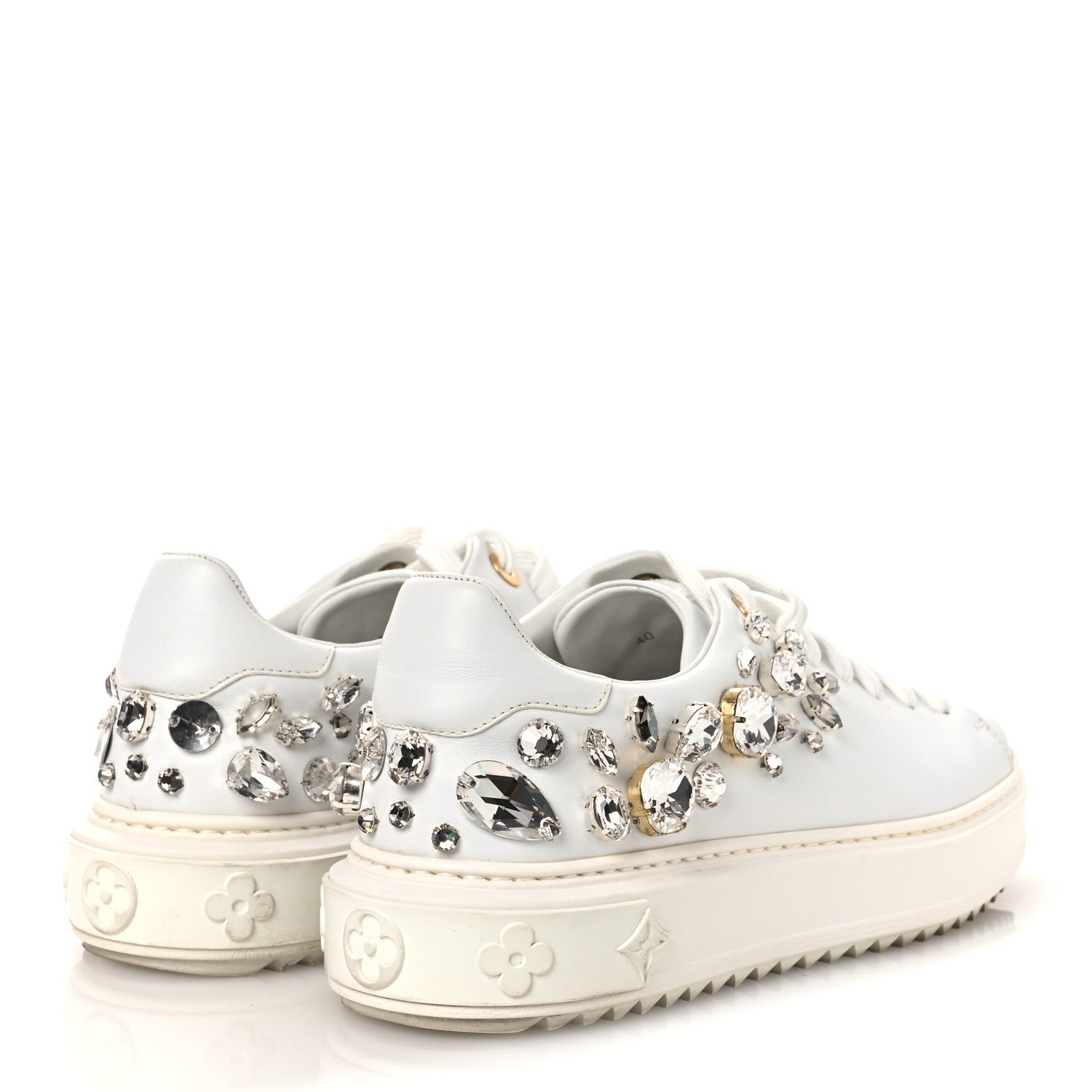 Louis Vuitton Lambskin Swarovski Crystal Monogram Time Out Sneakers 40 White