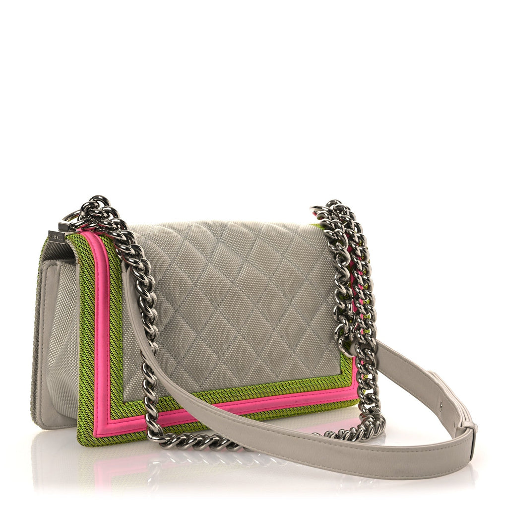 Chanel Canvas Quilted Medium Fluo Boy Flap Dark Grey Fuchsia Green