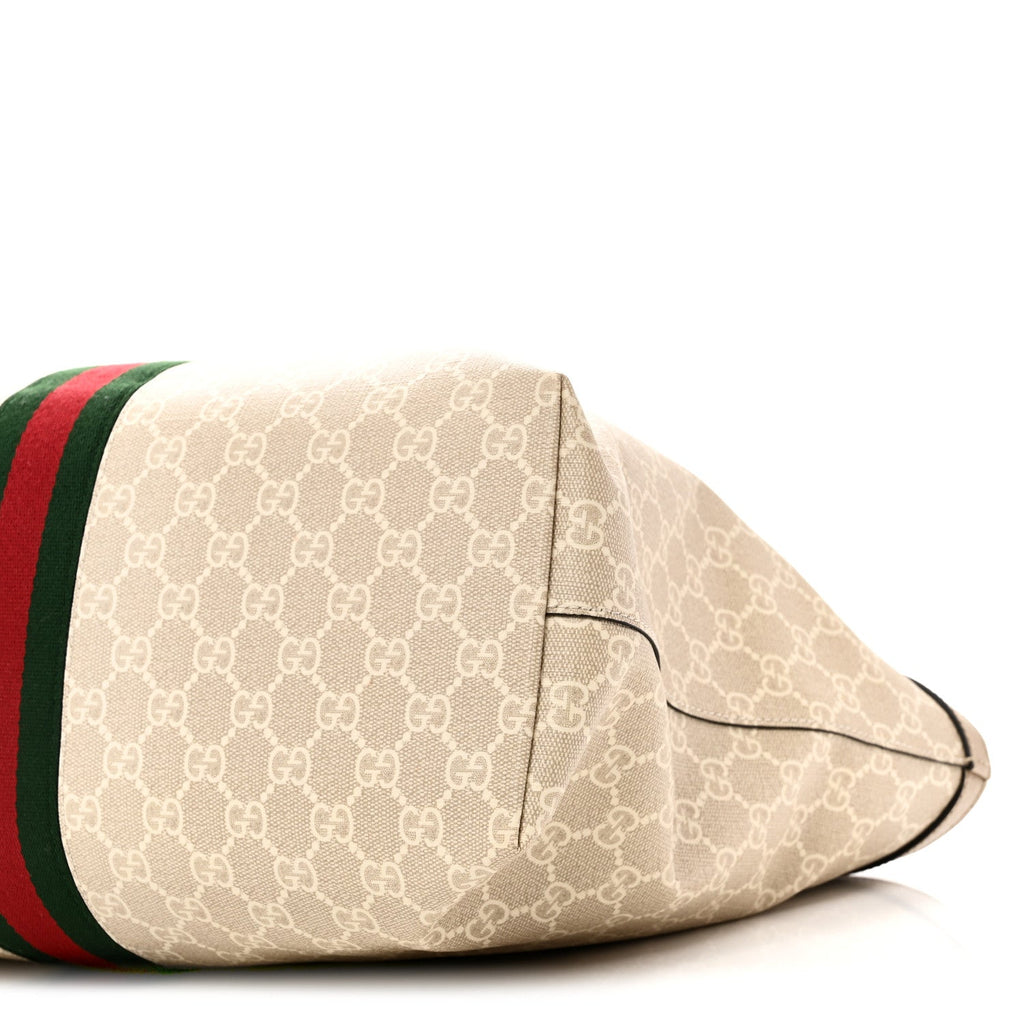 Gucci GG Supreme Monogram Textured Dollar Calfskin Web Medium Ophidia Shopping Tote Beige Mystic White Oatmeal