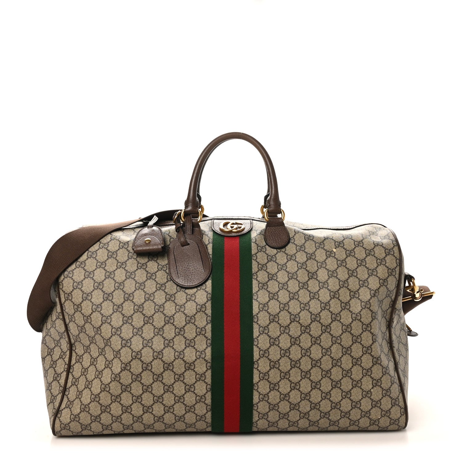 Gucci GG Supreme Monogram Textured Dollar Calfskin Web Medium Ophidia Carry-On Duffle Bag Beige Ebony New Acero