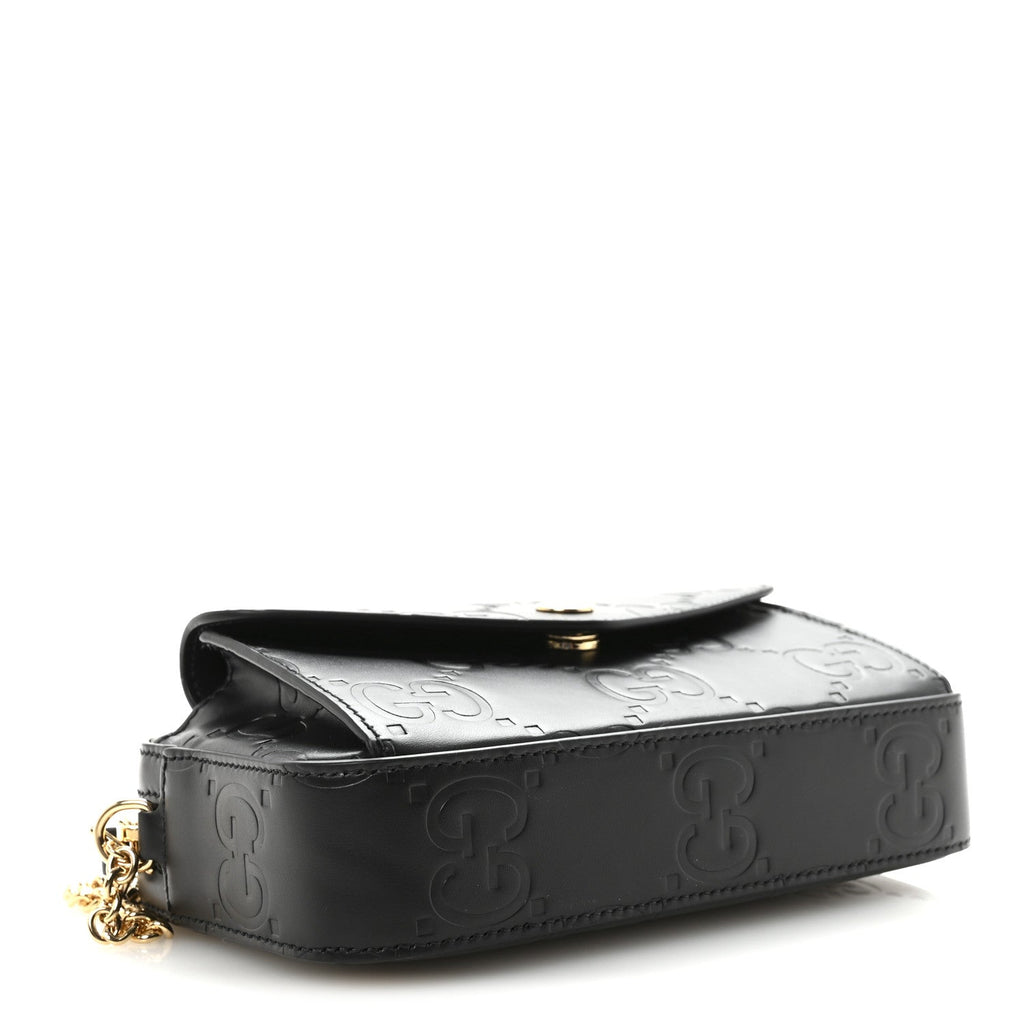 Gucci Calfskin GG Super Mini Debossed Chain Wallet Black
