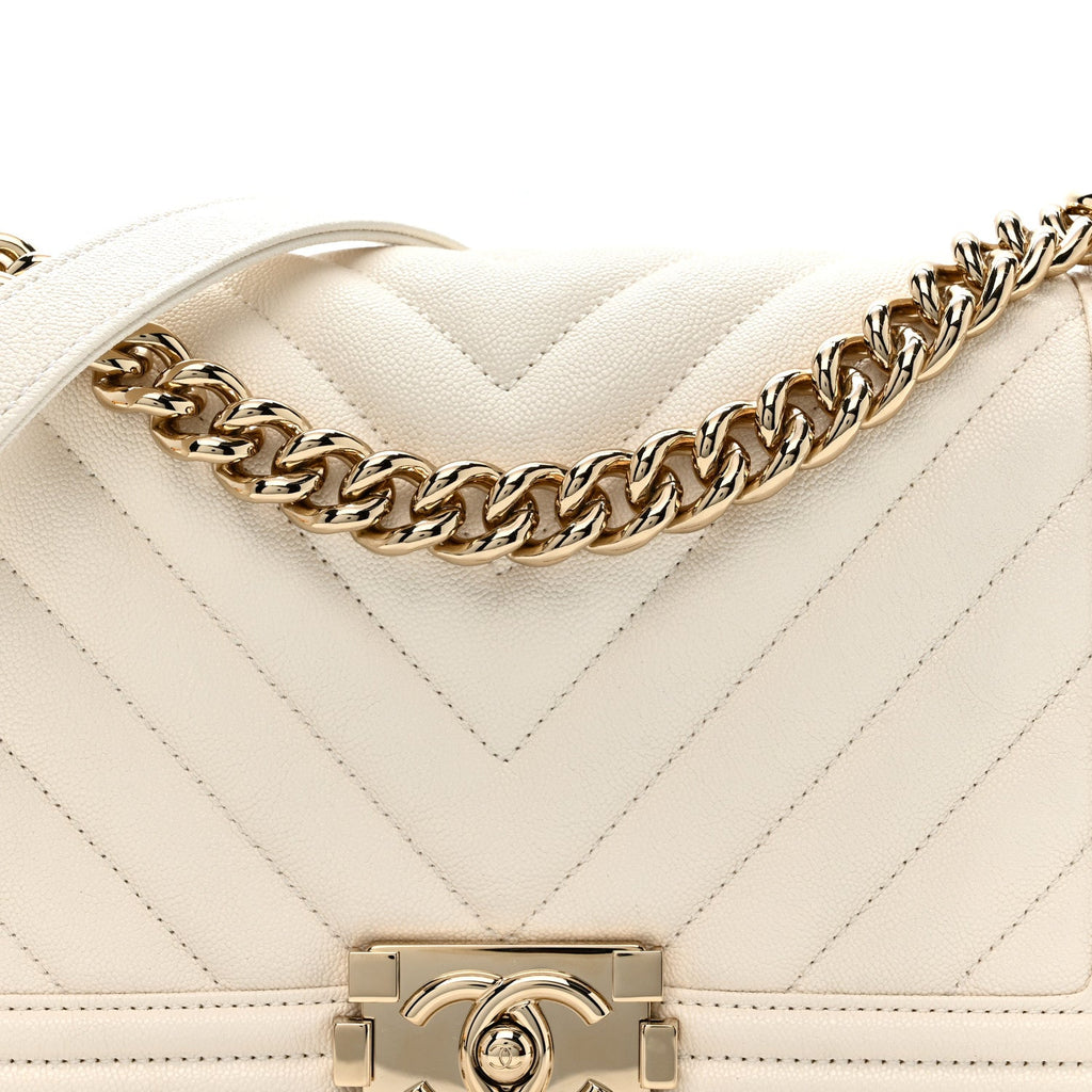 Chanel Caviar Chevron Quilted Medium Boy Flap White
