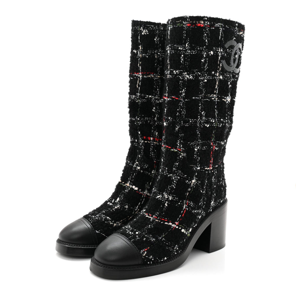 Chanel Wool Tweed Calfskin Cap Toe High Boots 38.5 Black Multicolor