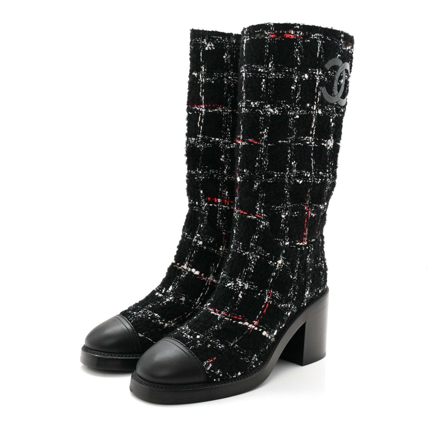 Chanel Wool Tweed Calfskin Cap Toe High Boots 38.5 Black Multicolor