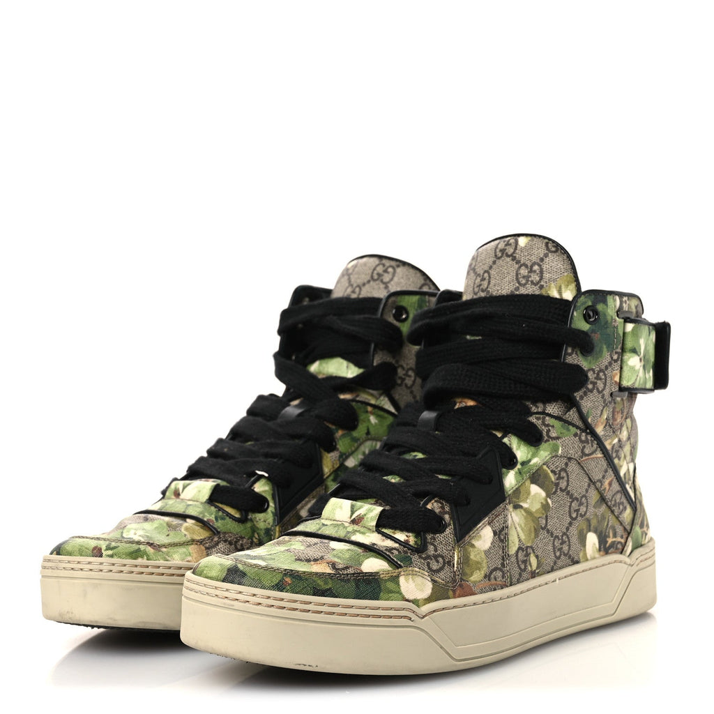 Gucci GG Monogram Blooms Web High Top Sneakers 8 Beige Green