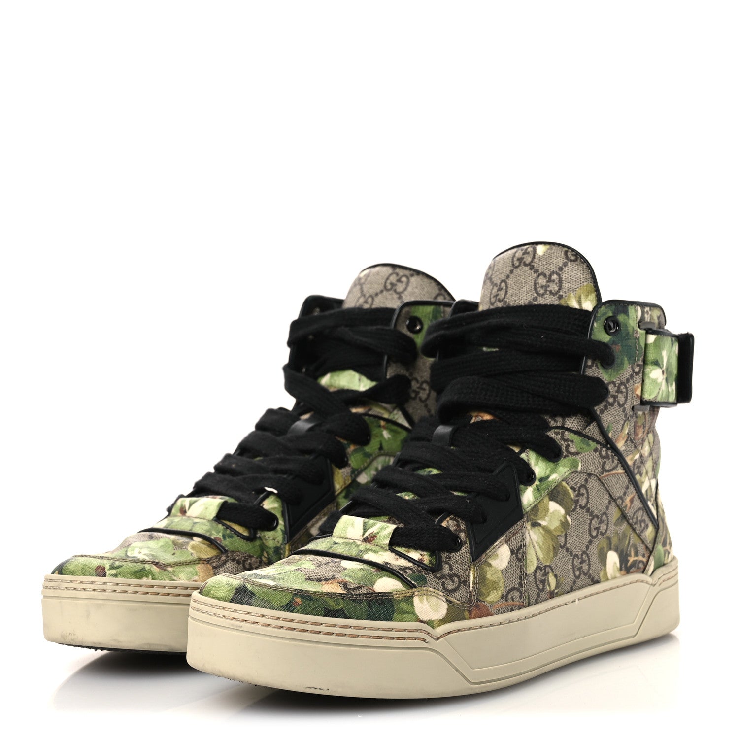 Gucci GG Monogram Blooms Web High Top Sneakers 8 Beige Green