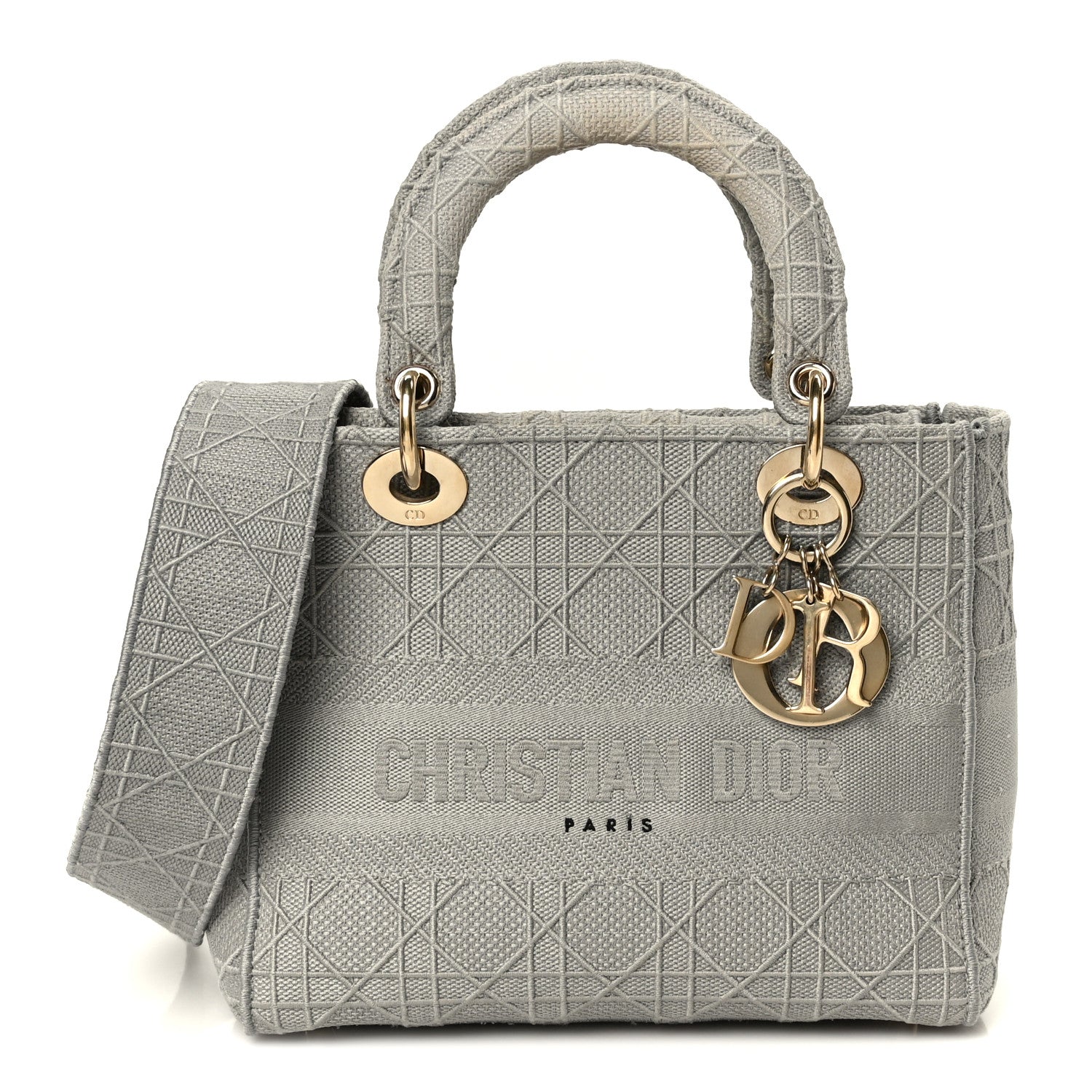 Christian Dior Canvas Embroidered Cannage Medium Lady D-Lite Gray