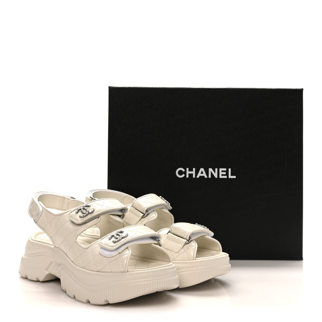 Chanel Shiny Calfskin Chain CC Velcro Dad Platform Sandals 39 White