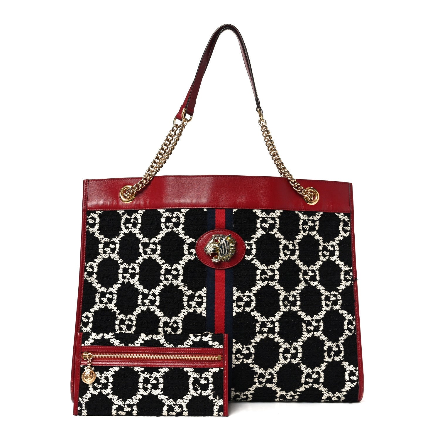 Gucci Tweed GG Monogram Large Rajah Chain Tote Romantic Cherry Black White