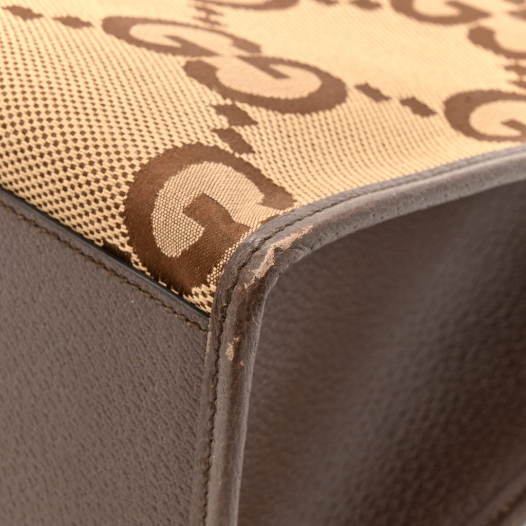 Gucci Monogram Jumbo GG Textured Dollar Calfskin Web Tote Bag Camel Ebony New Acero