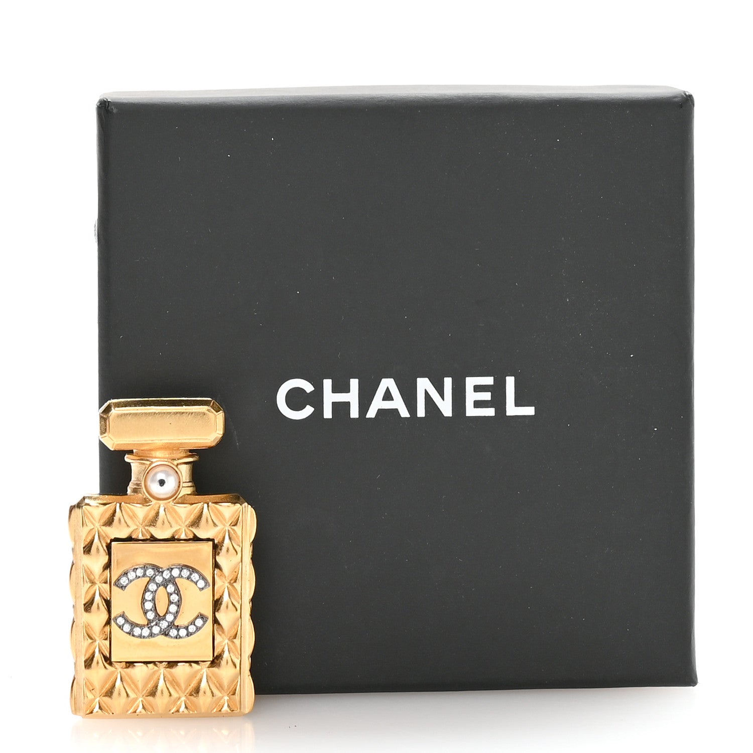 Enamel Pearl Quilted Perfume Bottle CC Brooch Gold