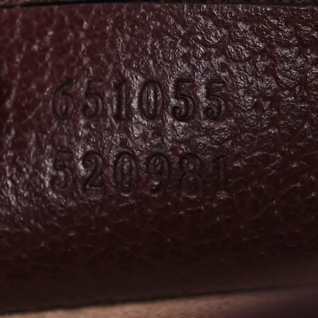 Gucci GG Supreme Monogram Textured Dollar Calfskin Web Small Ophidia Padlock Top Handle Bag Bordeaux