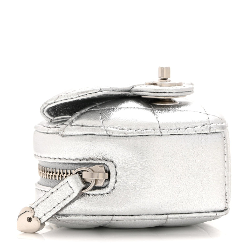 Metallic Lambskin Quilted CC Mini In Love Heart Bag Charm Silver