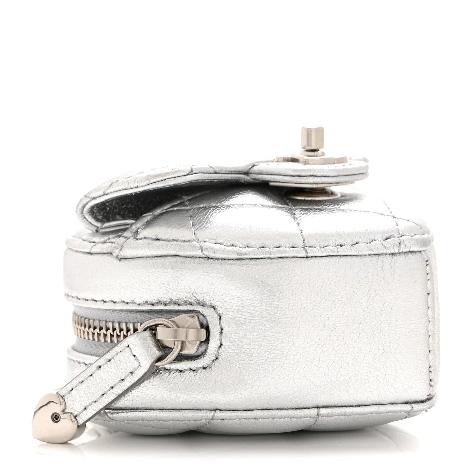 Metallic Lambskin Quilted CC Mini In Love Heart Bag Charm Silver