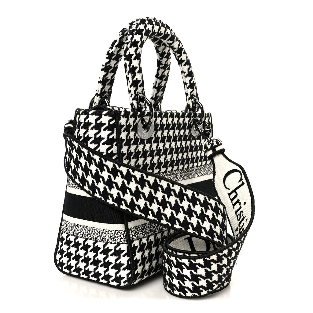 Christian Dior Canvas Houndstooth Embroidered Medium Lady D-Lite Black White