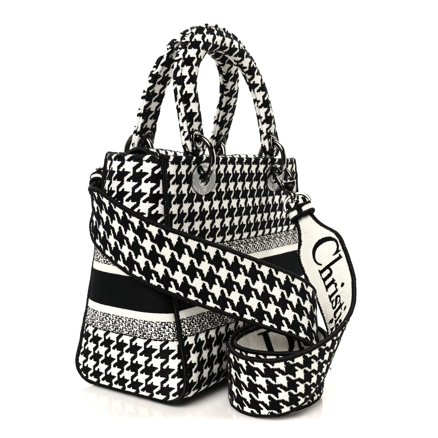 Christian Dior Canvas Houndstooth Embroidered Medium Lady D-Lite Black White