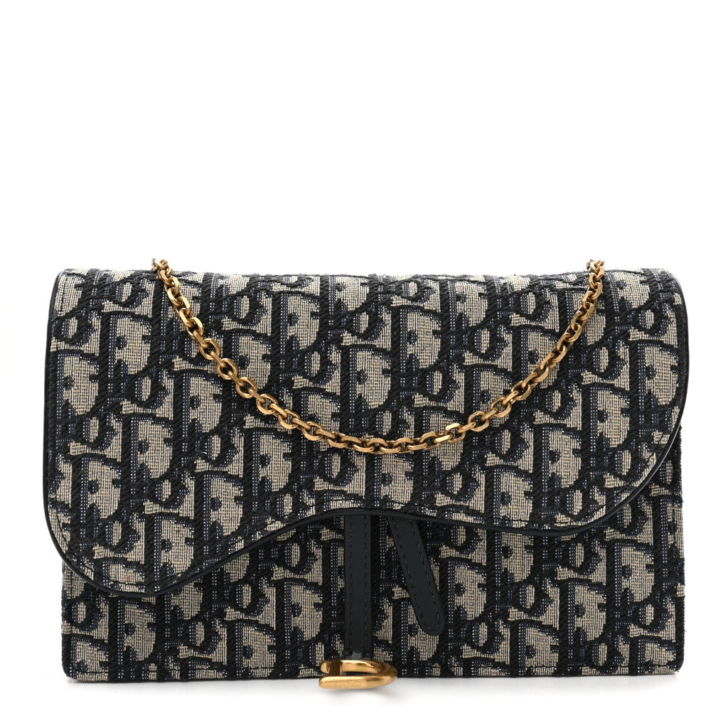 Christian Dior Oblique Saddle Chain Pouch Blue