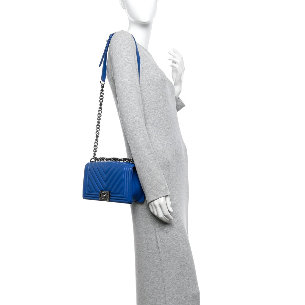 Chanel Lambskin Chevron Quilted Medium Boy Flap Bright Blue