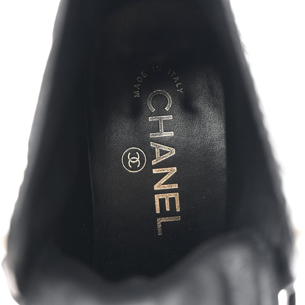 Chanel Shiny Calfskin Velvet Pearl Combat Short Boots 39 Black