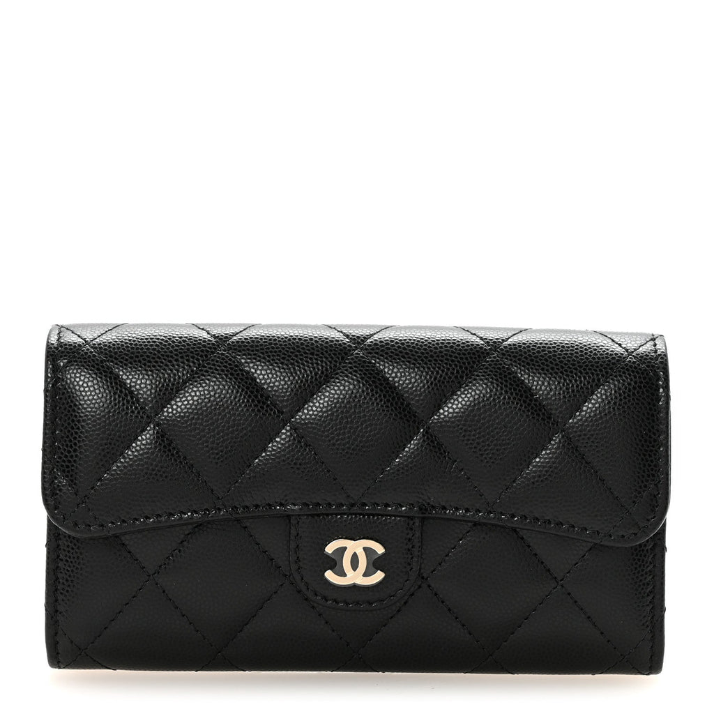 Caviar Quilted Medium Gusset Flap Wallet Black