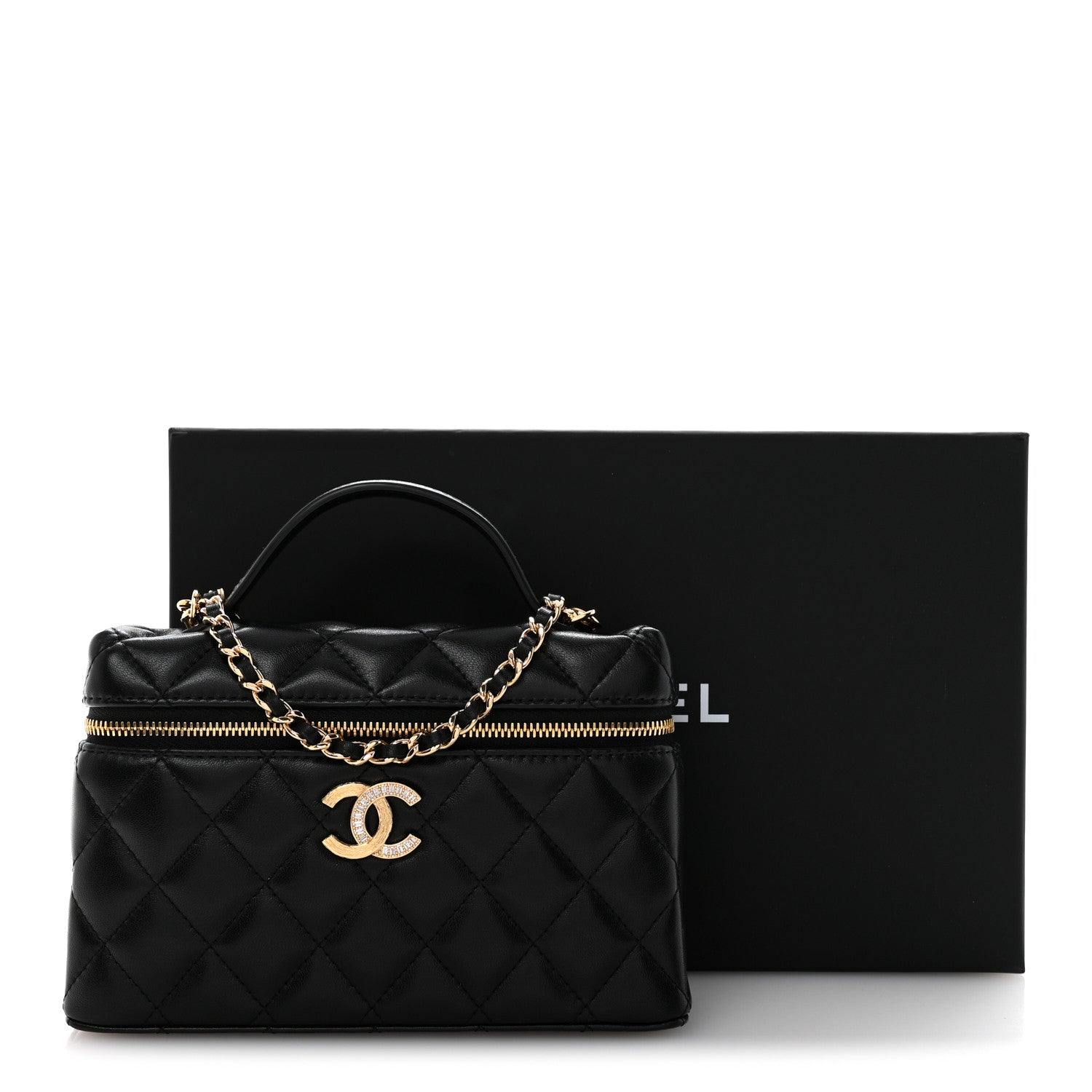 Lambskin Quilted Crystal Ridged CC Top Handle Slim Vanity Case With Chain Black