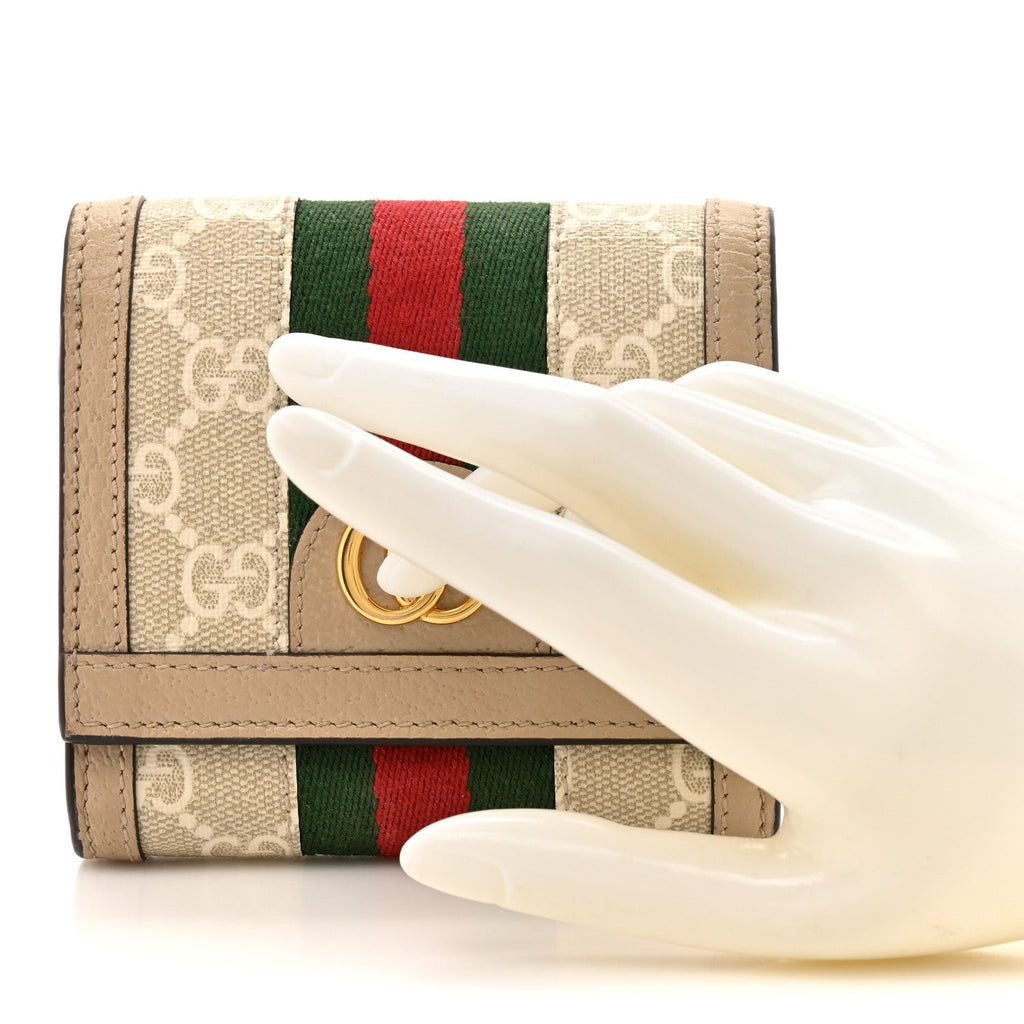 Gucci GG Supreme Monogram Textured Dollar Calfskin Web Ophidia Card Case Wallet Beige Mystic White Oatmeal