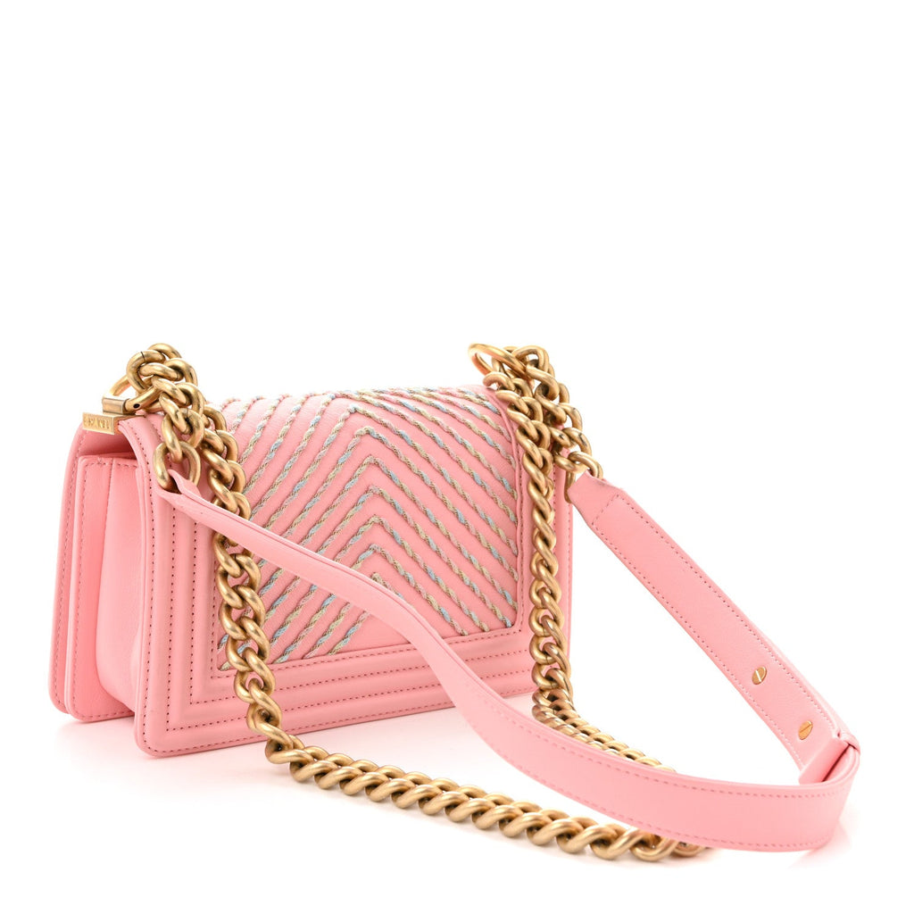 Chanel Calfskin Chevron Embroidered Small Boy By The Sea Flap Pink