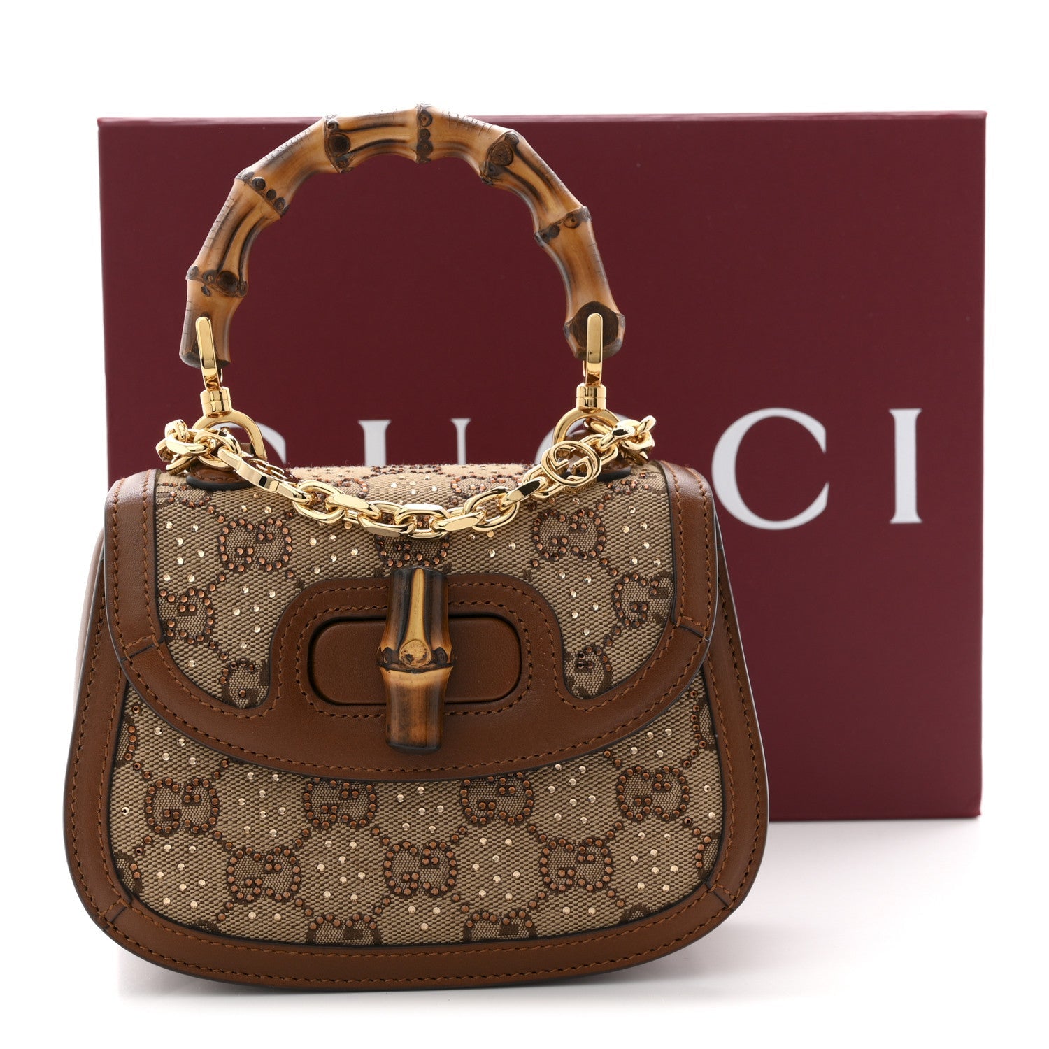 Gucci New Canvas Charisma Calfskin Crystal GG Monogram Small Bamboo 1947 Top Handle Bag Camel Ebony