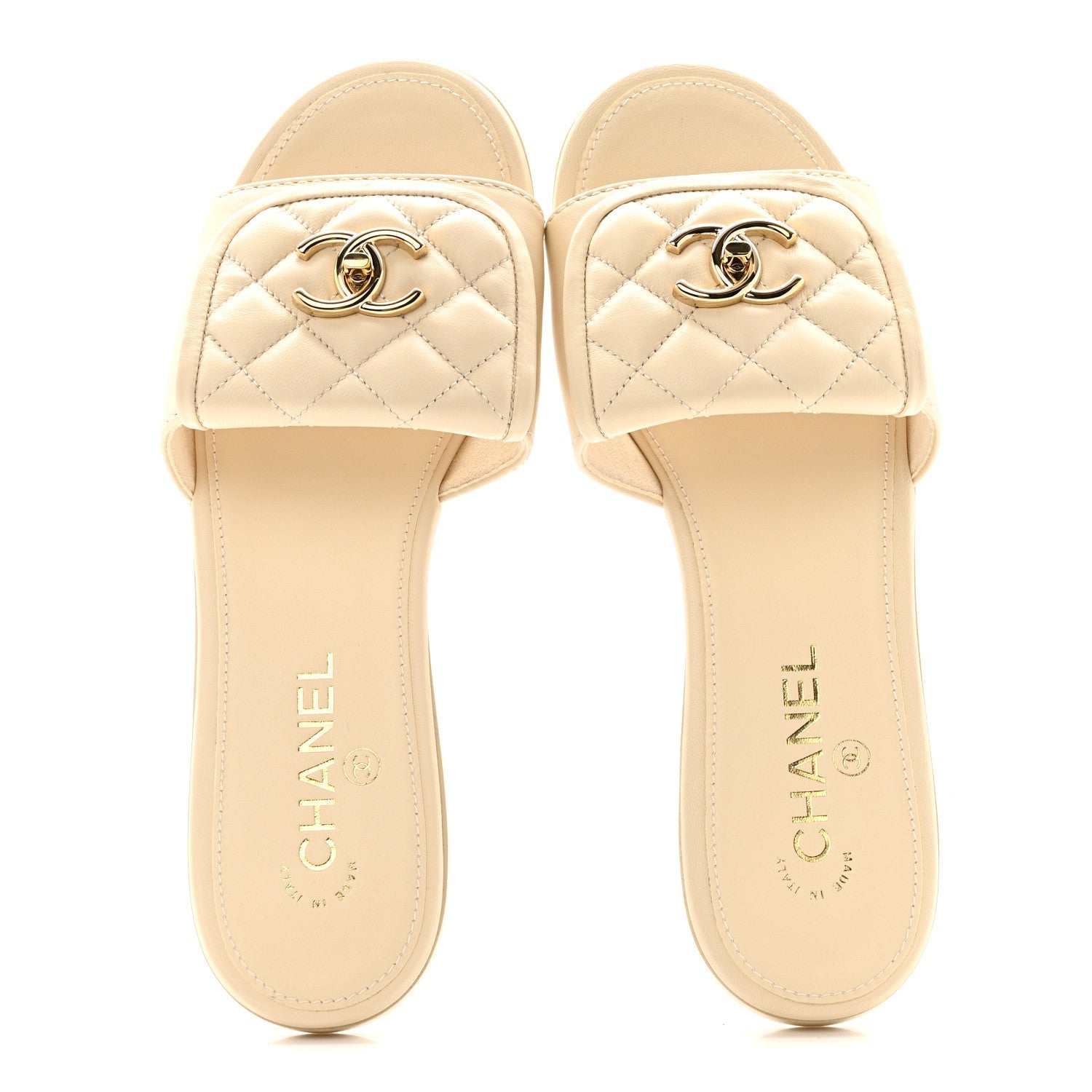 Lambskin Quilted Turnlock Flat Mules 39 Light Beige